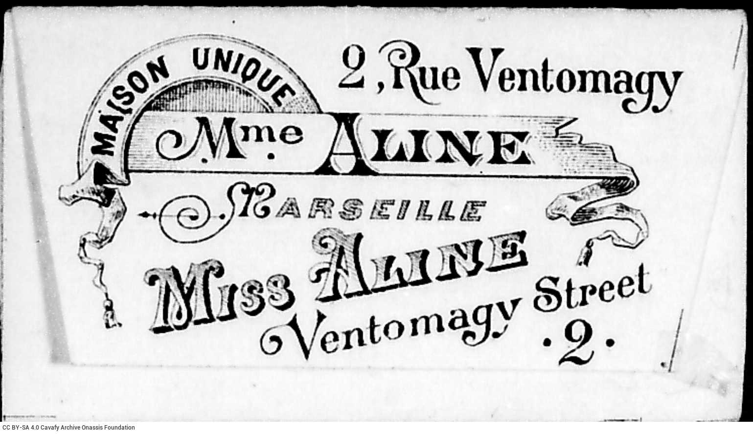 Advertisement card of the Maison Unique Mme Aline, a brothel in Marseilles.