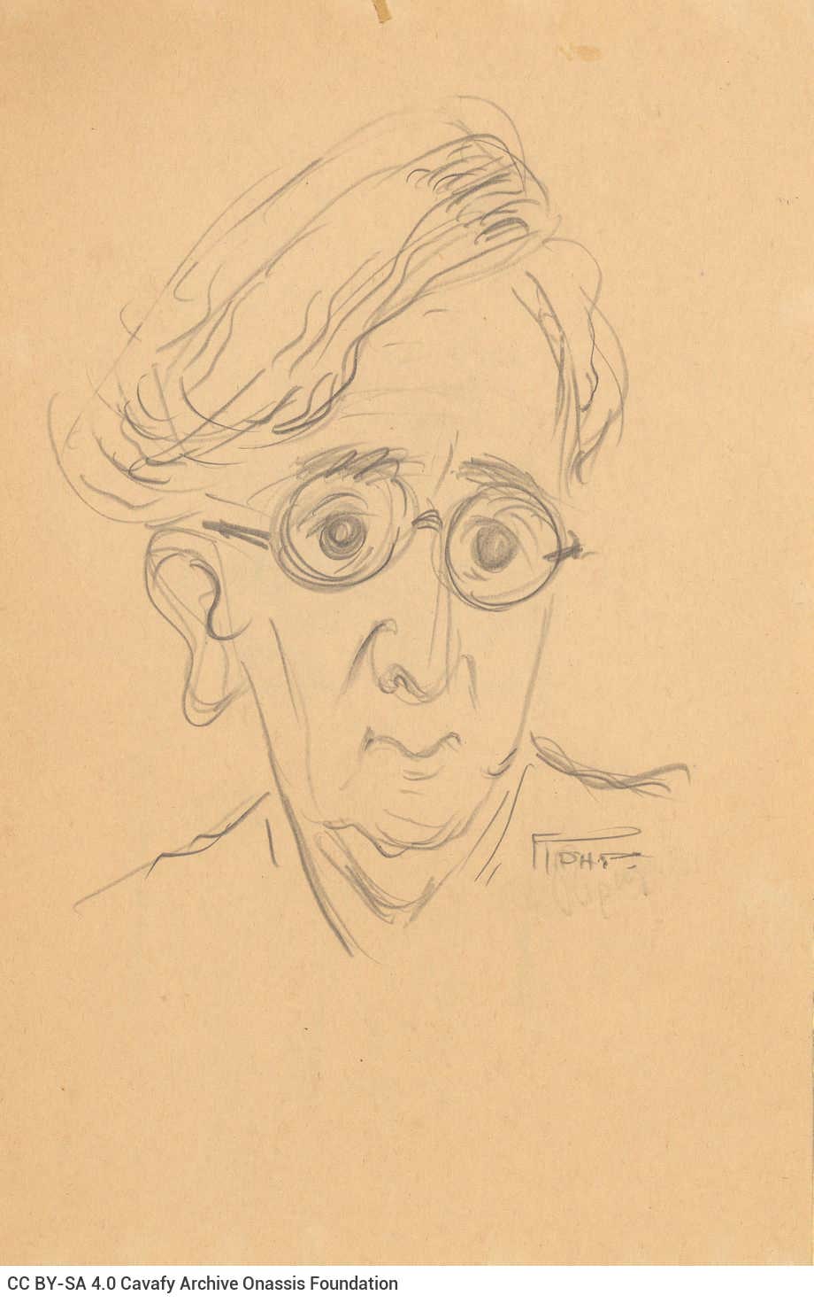 Sketch in pencil made by Gerasimos Grigoris. It depicts Cavafy's face. Another sketch on the verso of the sheet, also in penc