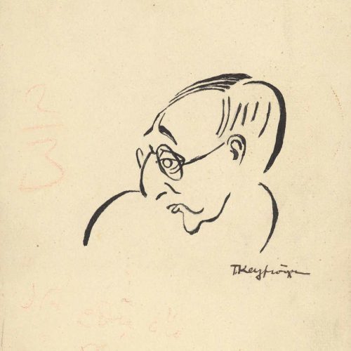 Sketch in ink by Takis Kalmouchos on one side of a sheet. It depicts Cavafy in profile, looking to the left. The artist's sig