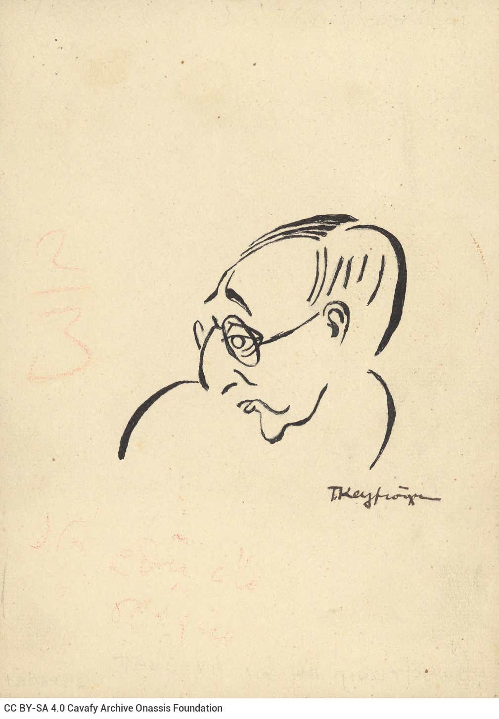 Sketch in ink by Takis Kalmouchos on one side of a sheet. It depicts Cavafy in profile, looking to the left. The artist's sig