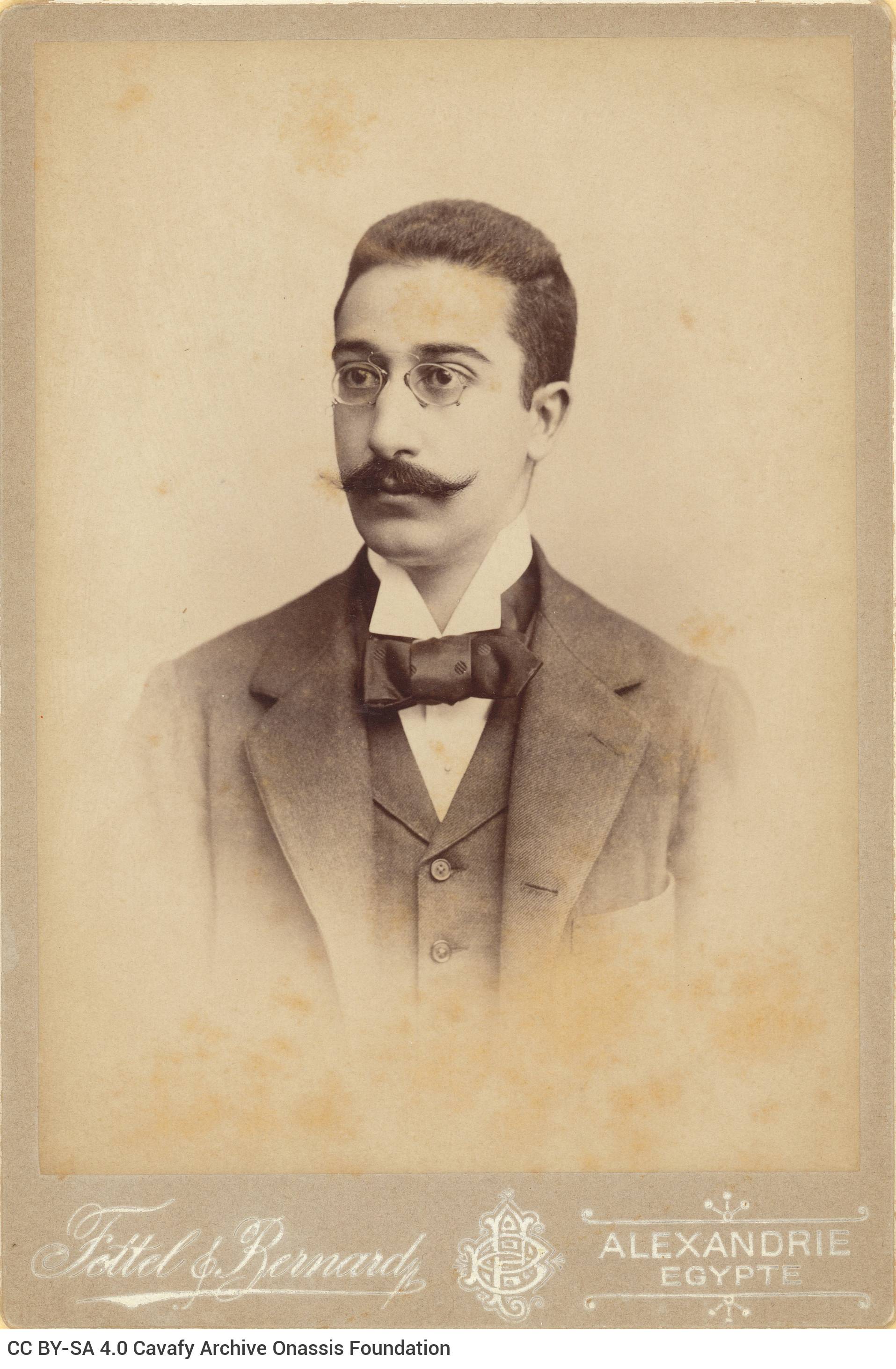 Undated photographic portrait of Cavafy by the photo shop of Fettel & Bernard in Alexandria, in seven copies. The poet has sh