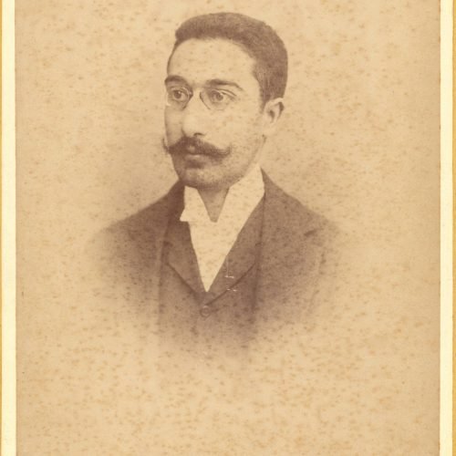 Undated photographic portrait of Cavafy by the photo shop of Fettel & Bernard in Alexandria, in two copies. The poet has shor