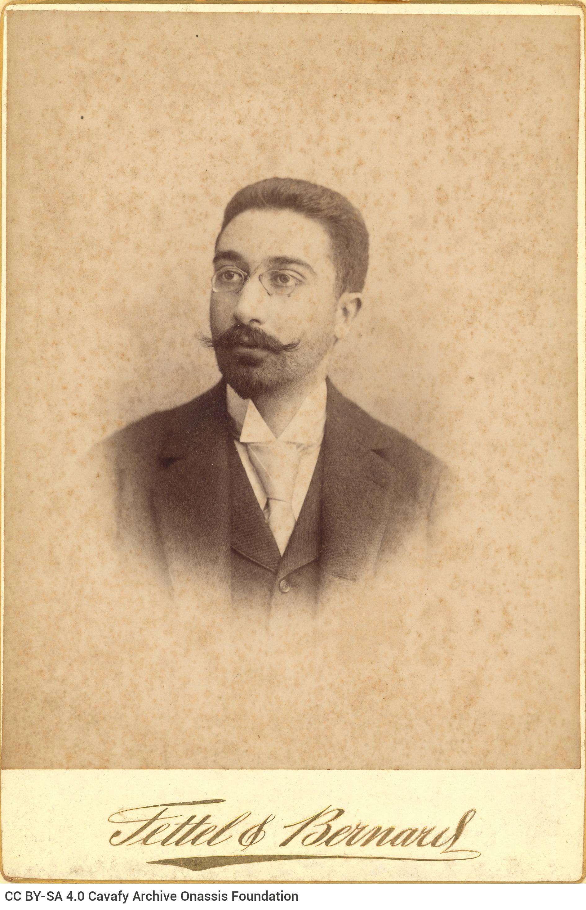 Undated photographic portrait of Cavafy by the photo shop of Fettel & Bernard in Alexandria, in three copies. The poet has sh