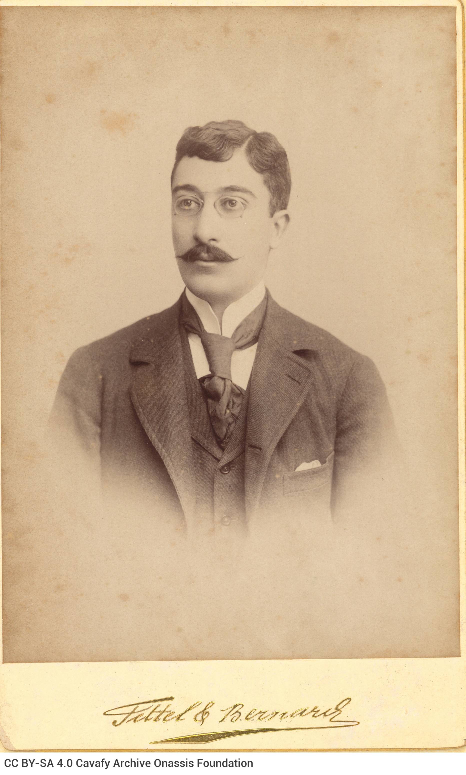 Photographic portrait of Cavafy by the photo shop of Fettel & Bernard in Alexandria, in two copies. The poet has a mustache, 