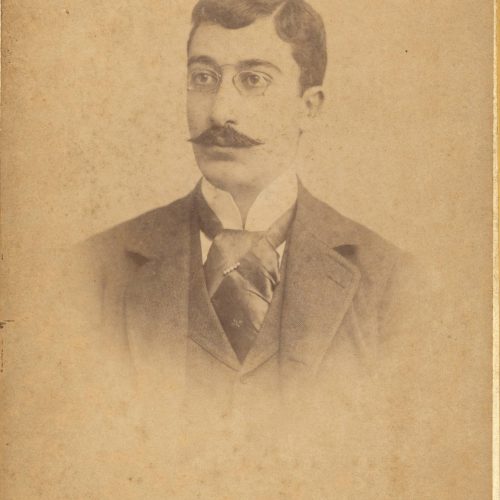 Undated photographic portrait of Cavafy by the photo shop of Fettel & Bernard in Alexandria, in two copies. The poet has a mu