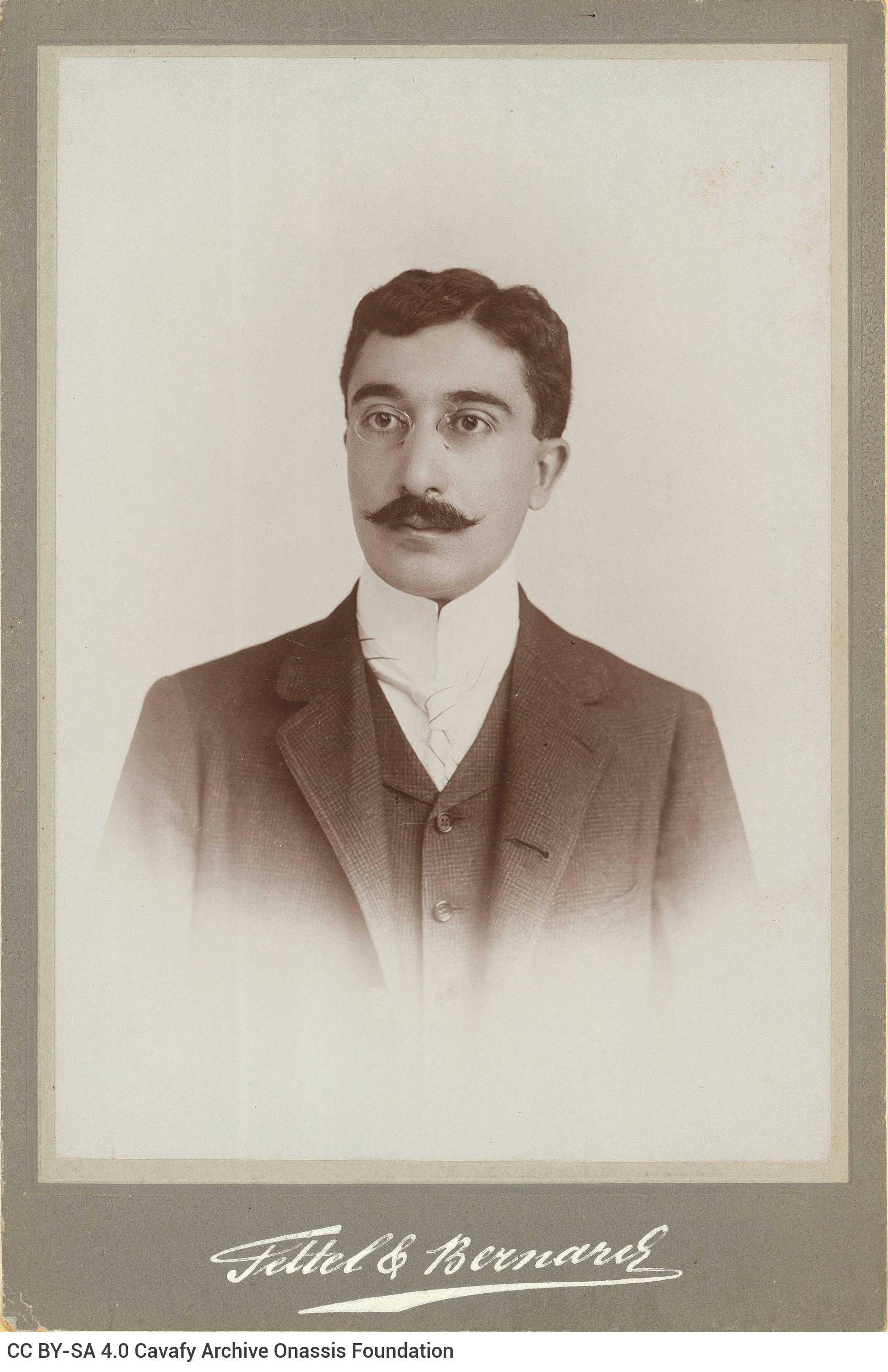 Undated photographic portrait of Cavafy by the photo shop of Fettel & Bernard in Alexandria, in five copies. The poet has a m