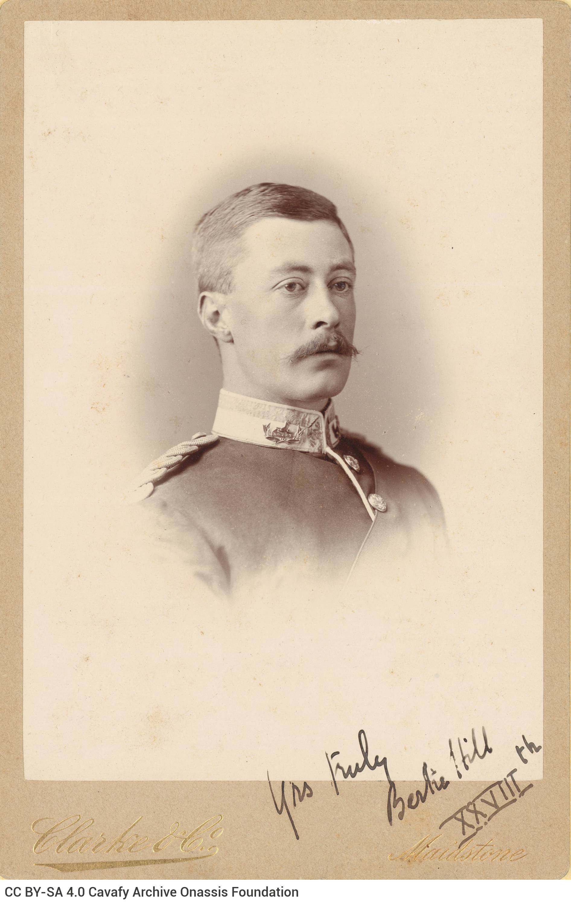 Photograph of Bertie Hill in a military uniform from Clarke & Co. in Maidstone, South East England. It bears a handwritten de