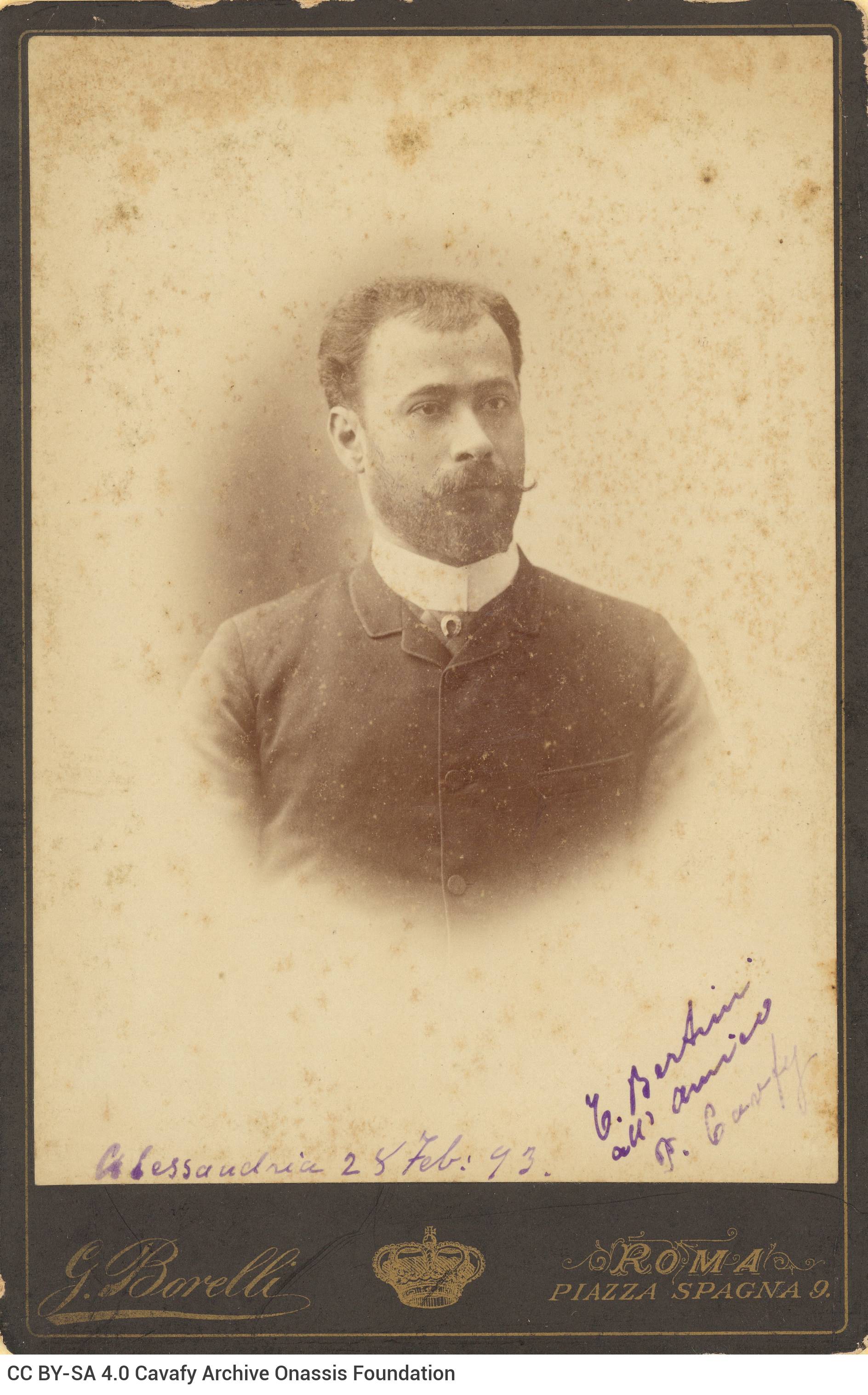 Photographic portrait of C. Bertini from the photo shop of G. Borelli of Rome. It bears a handwritten dedication to Paul Cava