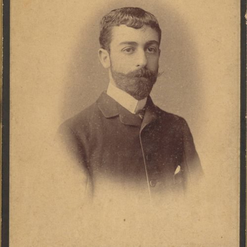 Photograph of Paul Cavafy at a young age in Istanbul (1882-1885), with a moustache and beard. The logo of the photo shop in t