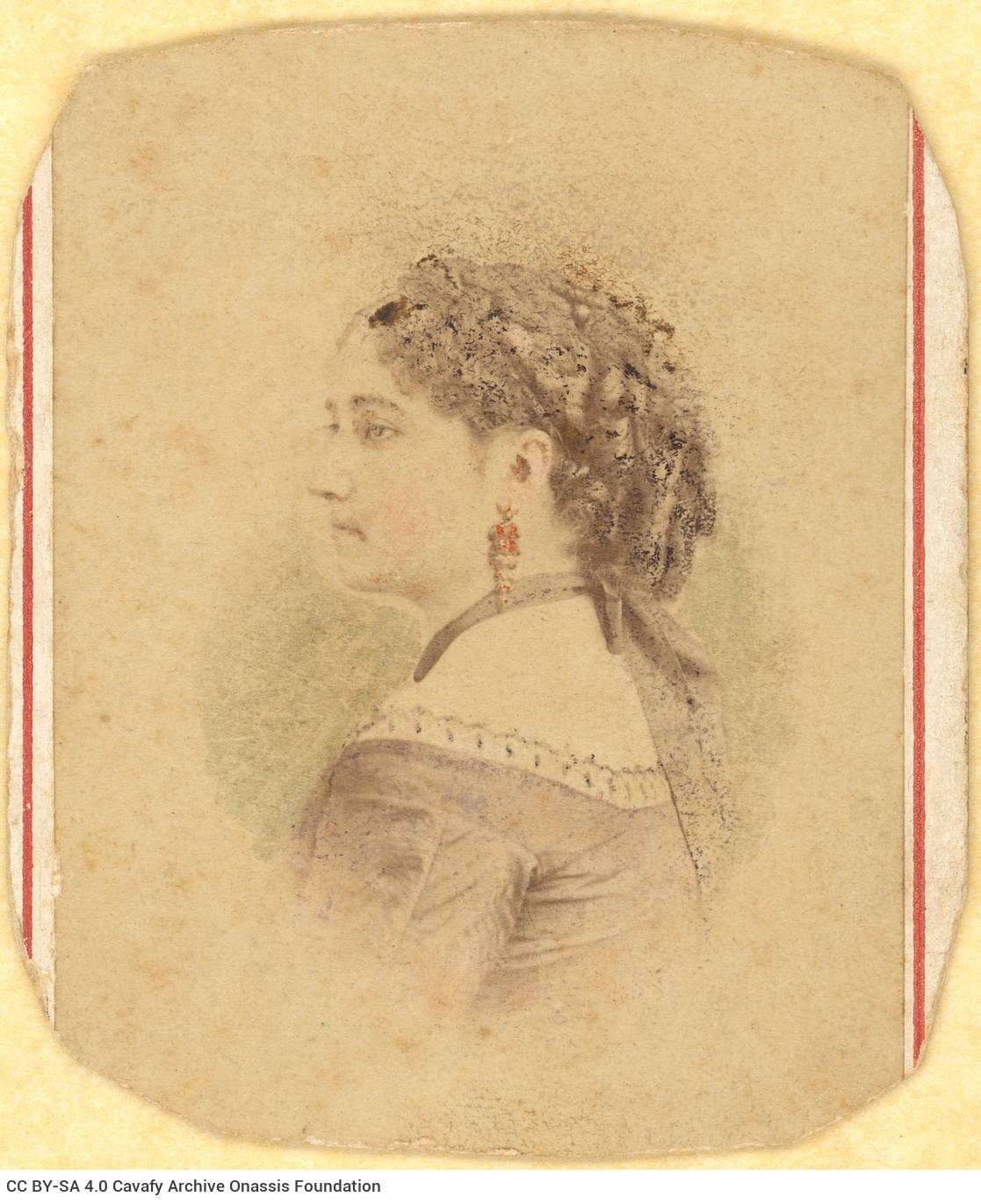 Hand-coloured photograph of Charikleia Cavafy at a young age. She is depicted in profile view, wearing her hair in an artful 