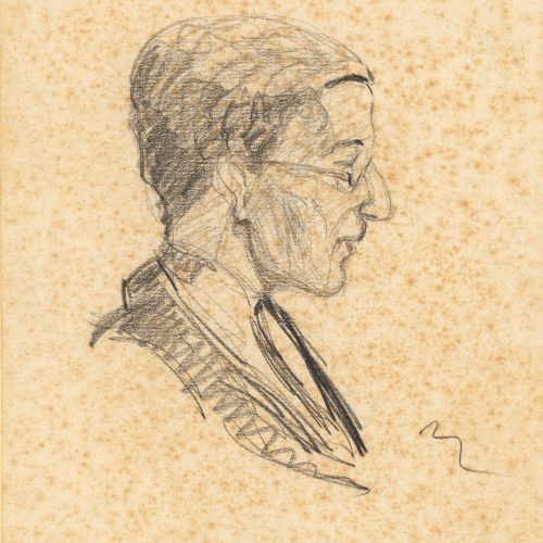 Sketch by an unknown person on one side of a sheet. Blank verso. It depicts Cavafy in profile view, wearing glasses and looki