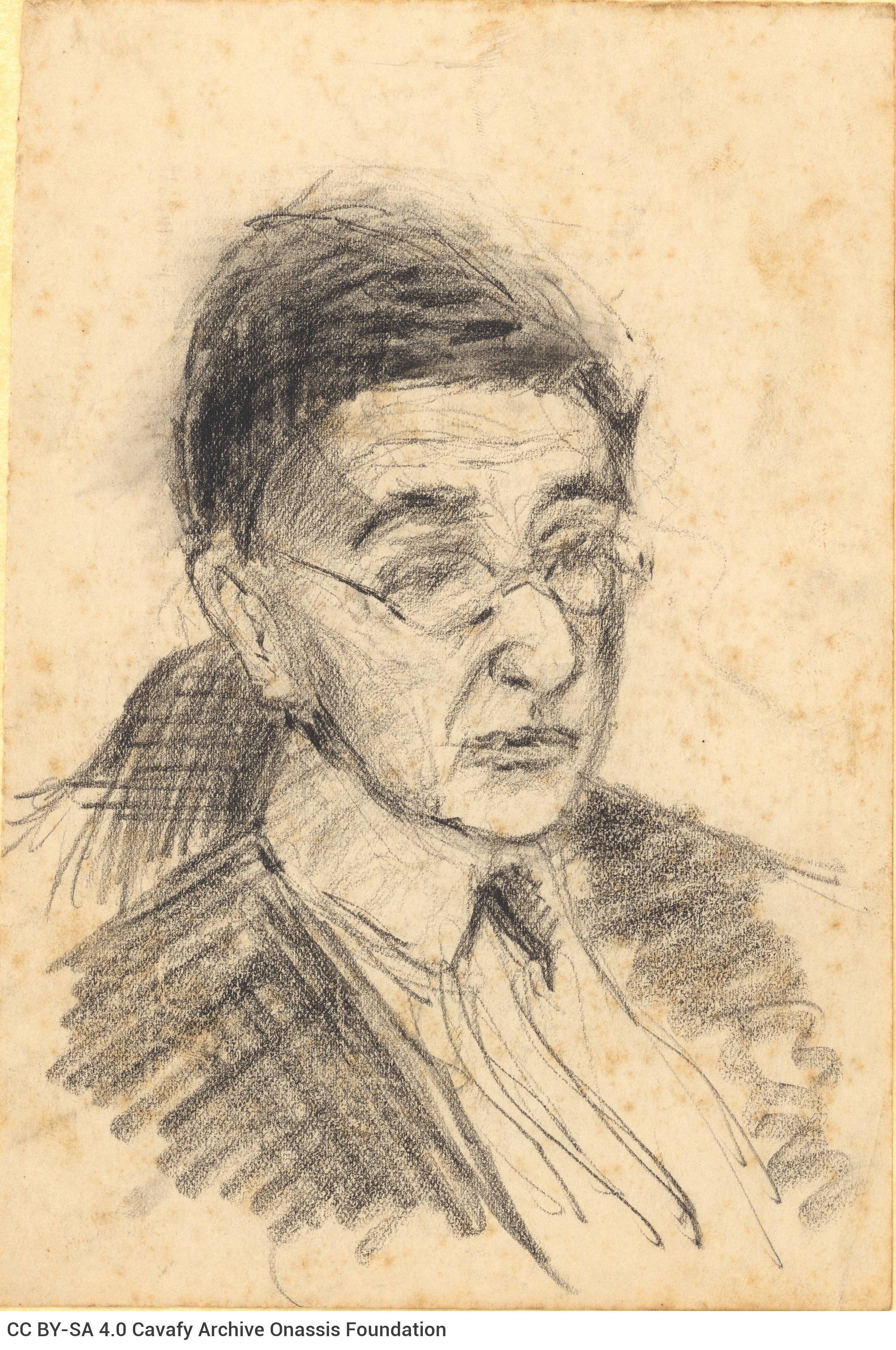 Painting drawing in charcoal. It depicts Cavafy in three-quarter view, wearing glasses, looking slightly to the right. Blank 