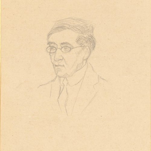 Sketch in pencil on one side of a piece of paper. Blank verso. It depicts a bust of Cavafy in three-quarter view, looking sli
