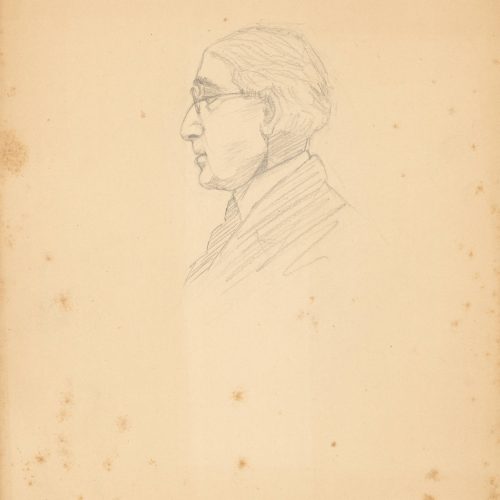 Sketch on one side of a paperboard. Blank verso. It depicts a bust of Cavafy in profile view, looking to the left.