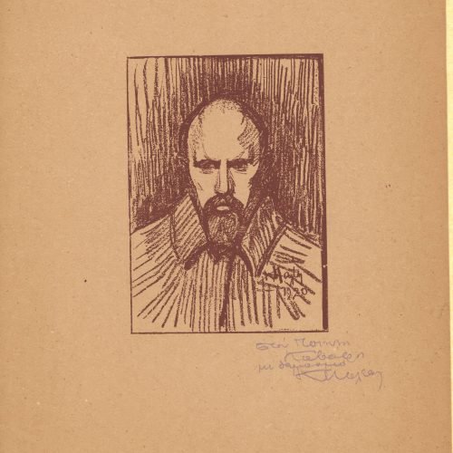 Engraving by Konstantinos Maleas, depicting a male figure in a cloak. Signed by the artist and dated ("1920"). Handwritten si