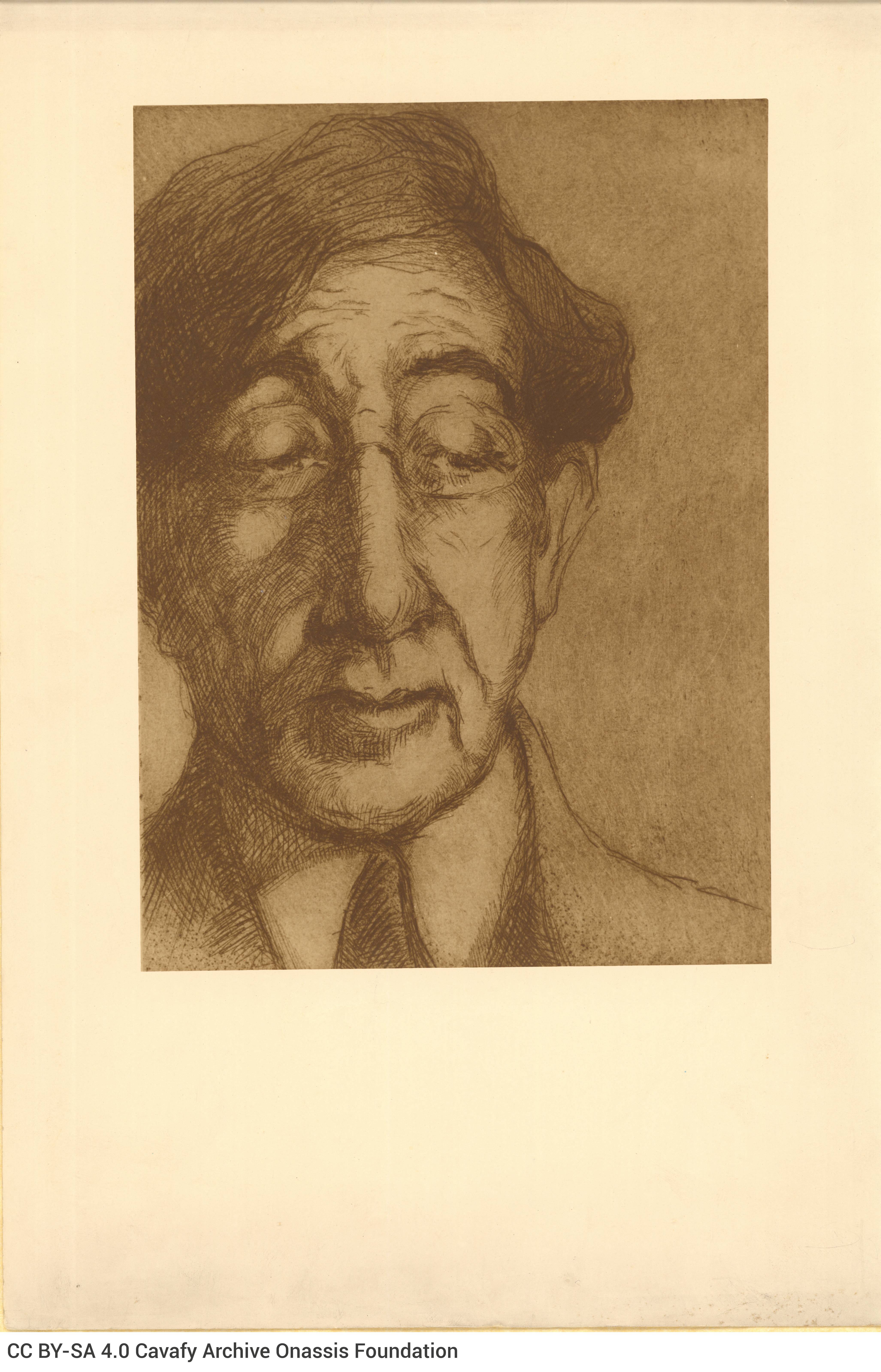 Reproduction of an etching by the engraver Jean Kefalinos, depicting Cavafy in 1921. Accompanied by a large-size photograph o