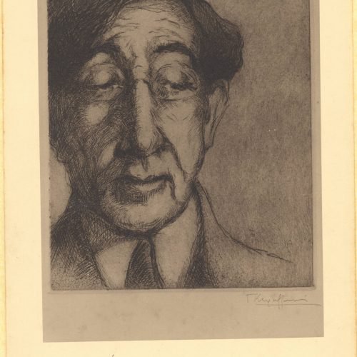 Reproduction of an etching by the engraver Jean Kefalinos, depicting Cavafy in 1921. Accompanied by a large-size photograph o
