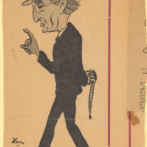 Cartoon-type sketch by Kem (Kimon E. Maragkos), cut off from a French newspaper. It depicts Cavafy in profile view, walking t