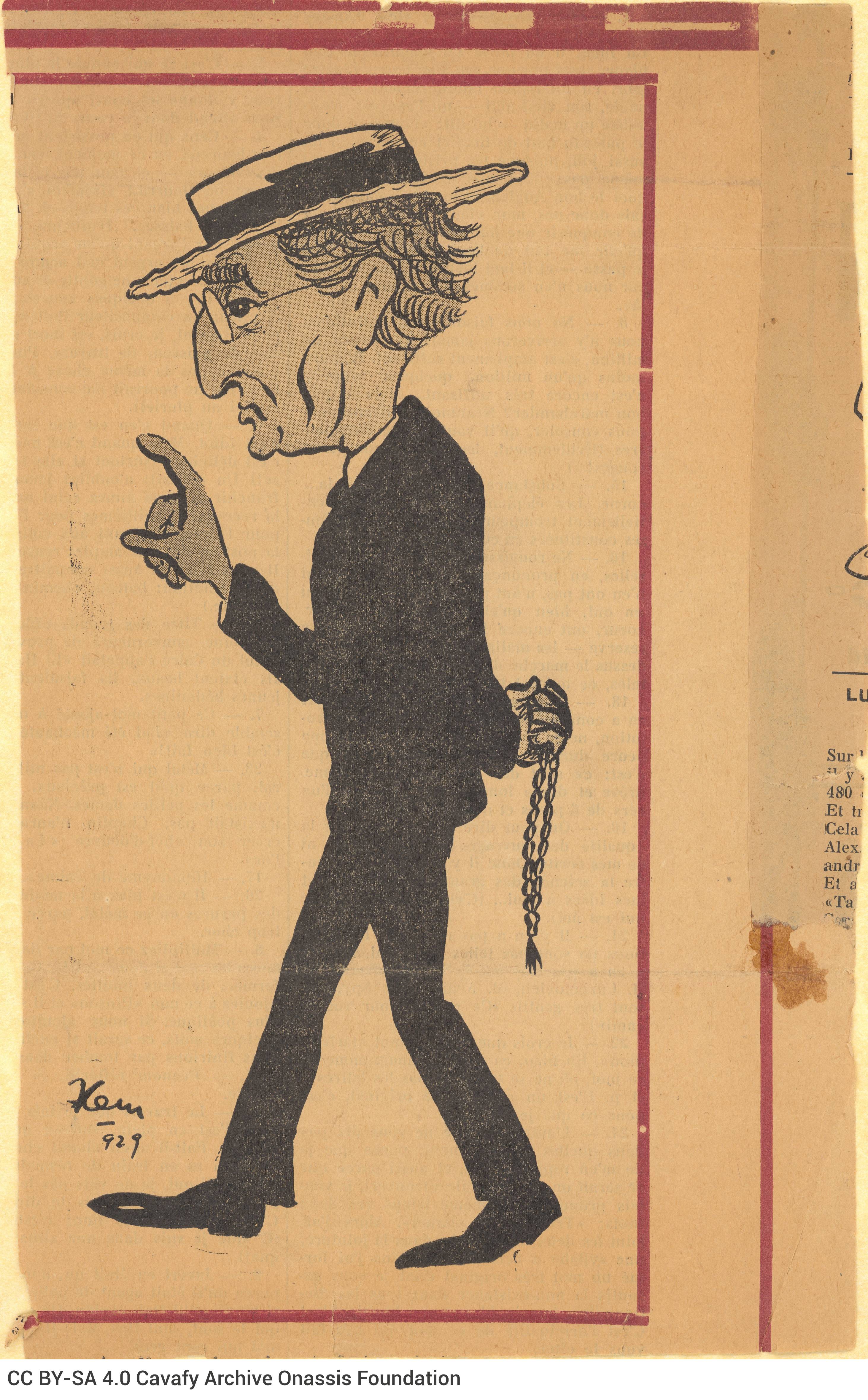 Cartoon-type sketch by Kem (Kimon E. Maragkos), cut off from a French newspaper. It depicts Cavafy in profile view, walking t