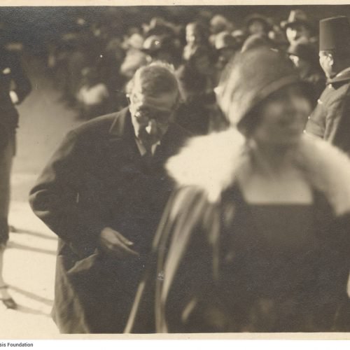 Photograph depicting Cavafy arriving, among other guests, at the wedding of Konstantinos M. Salvagos (which took place on 27/