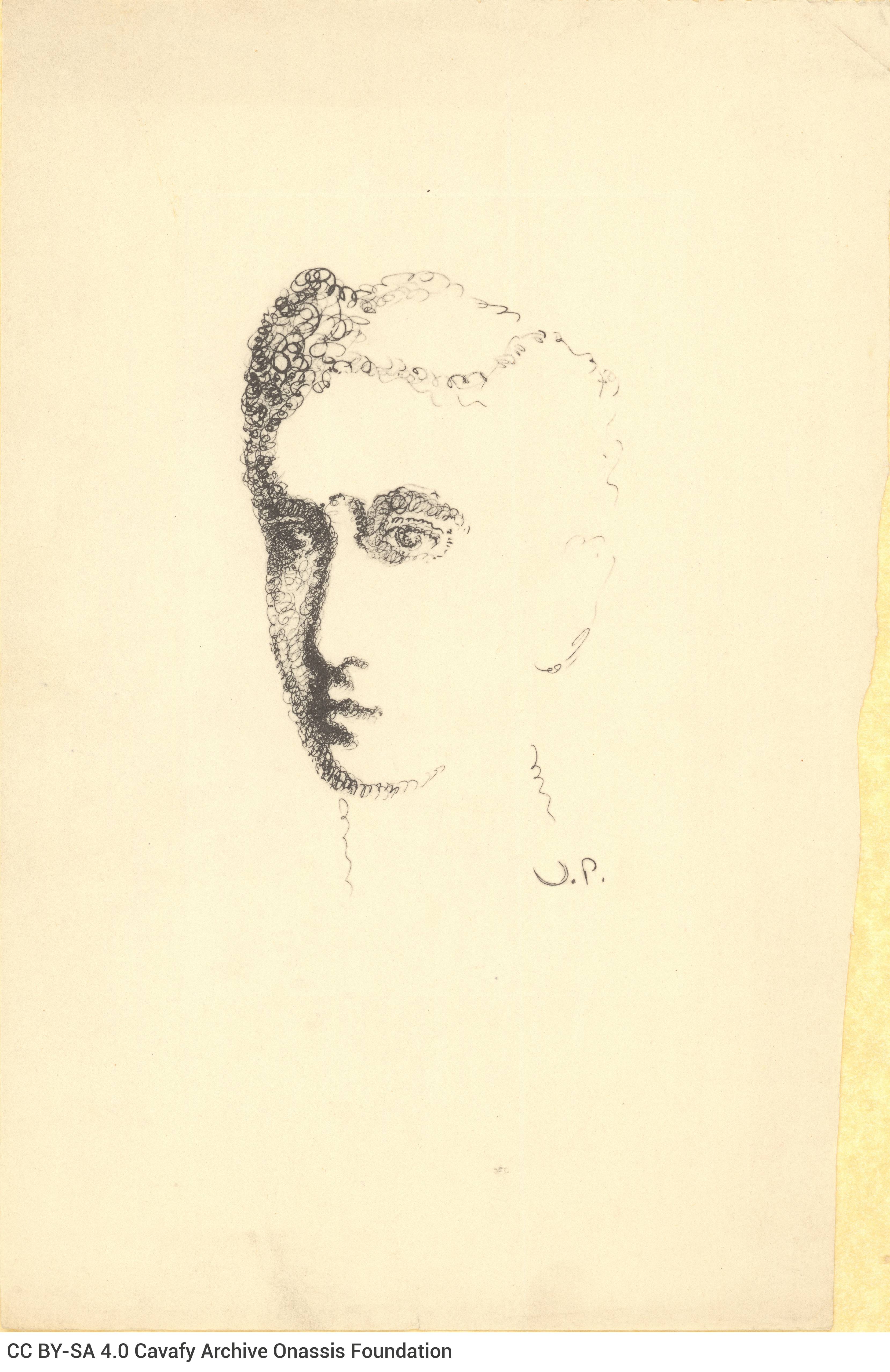Reproduction (perhaps serigraphy) of a portrait of Cavafy at a young age. The original sketch appears to have been made in Fi