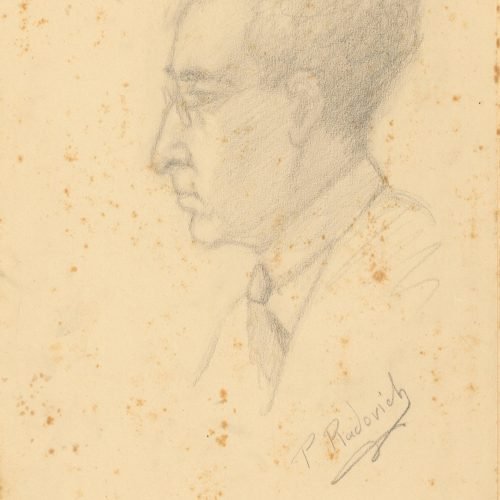 Sketch in pencil by P. Radovich on the first page of a bifolio. It depicts Cavafy in profile view, wearing glasses and a neck