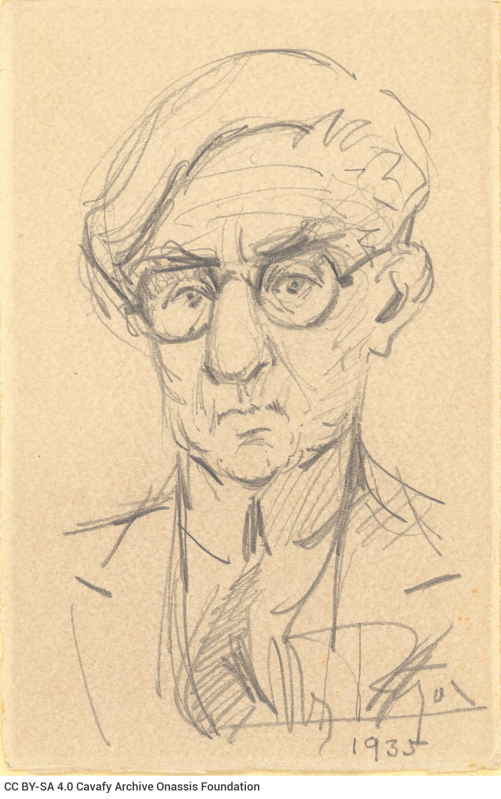 Drawing in pencil by Nikolaos Gogos. It depicts Cavafy in frontal view, wearing glasses. Signed and dated. The drawing was ma