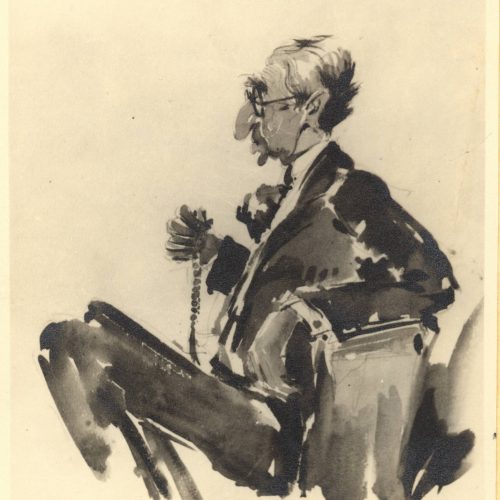 Photograph of a watercolour by Nikolaos Gogos. It depicts Cavafy in profile, sitting in an armchair, with a worry beads in hi