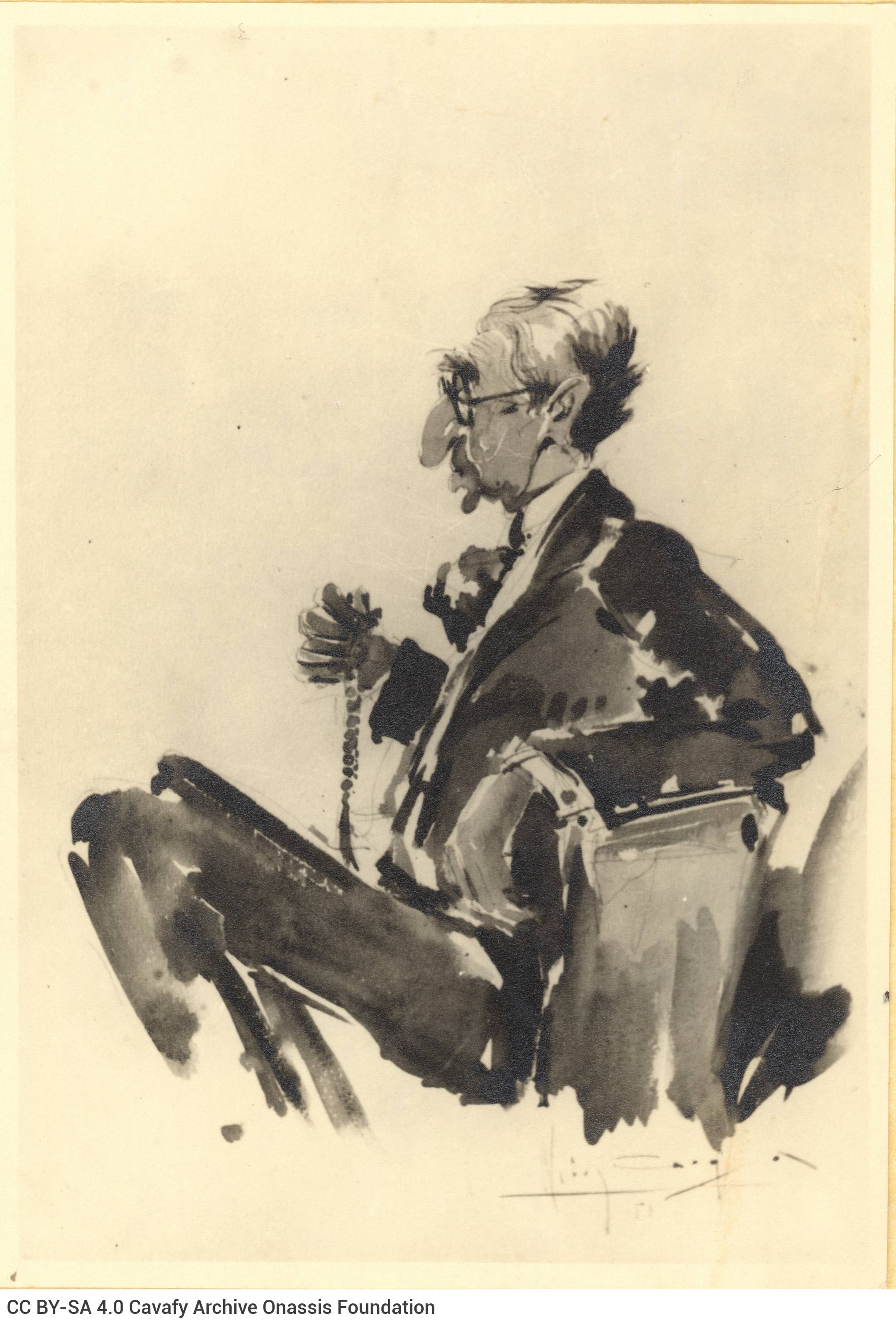 Photograph of a watercolour by Nikolaos Gogos. It depicts Cavafy in profile, sitting in an armchair, with a worry beads in hi