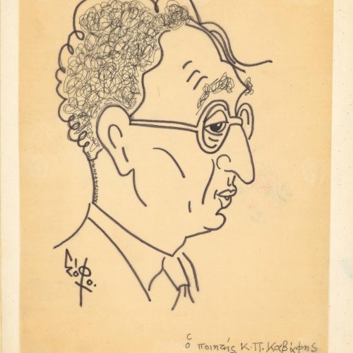 Rice paper affixed on paperboard. Tracing in marker of a sketch by Sofo (Sofoklis Antoniadis), depicting Cavafy in profile, i