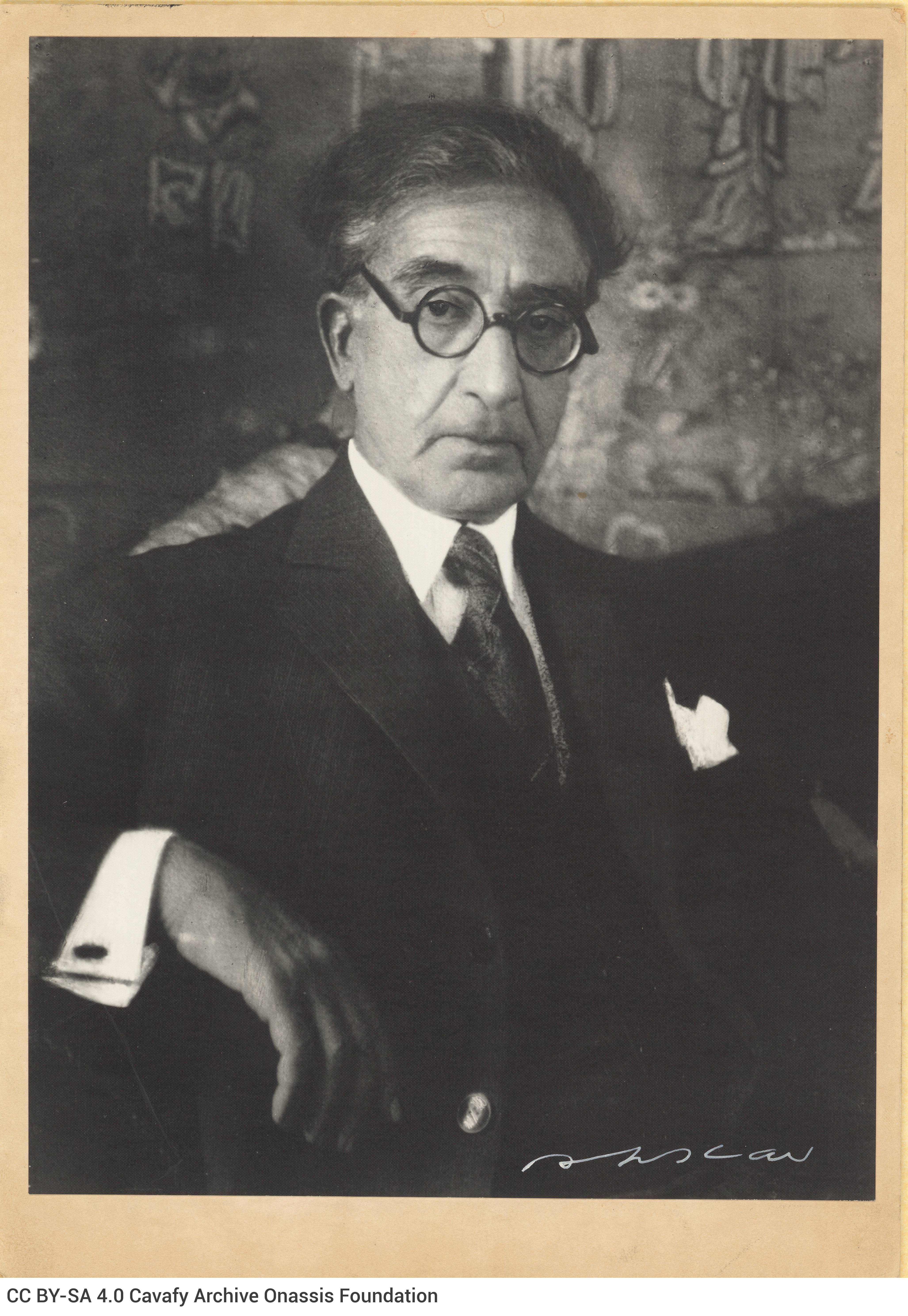 Enlargement of a photograph of Cavafy in his apartment. The photograph had originally been taken by the photographer Racine i