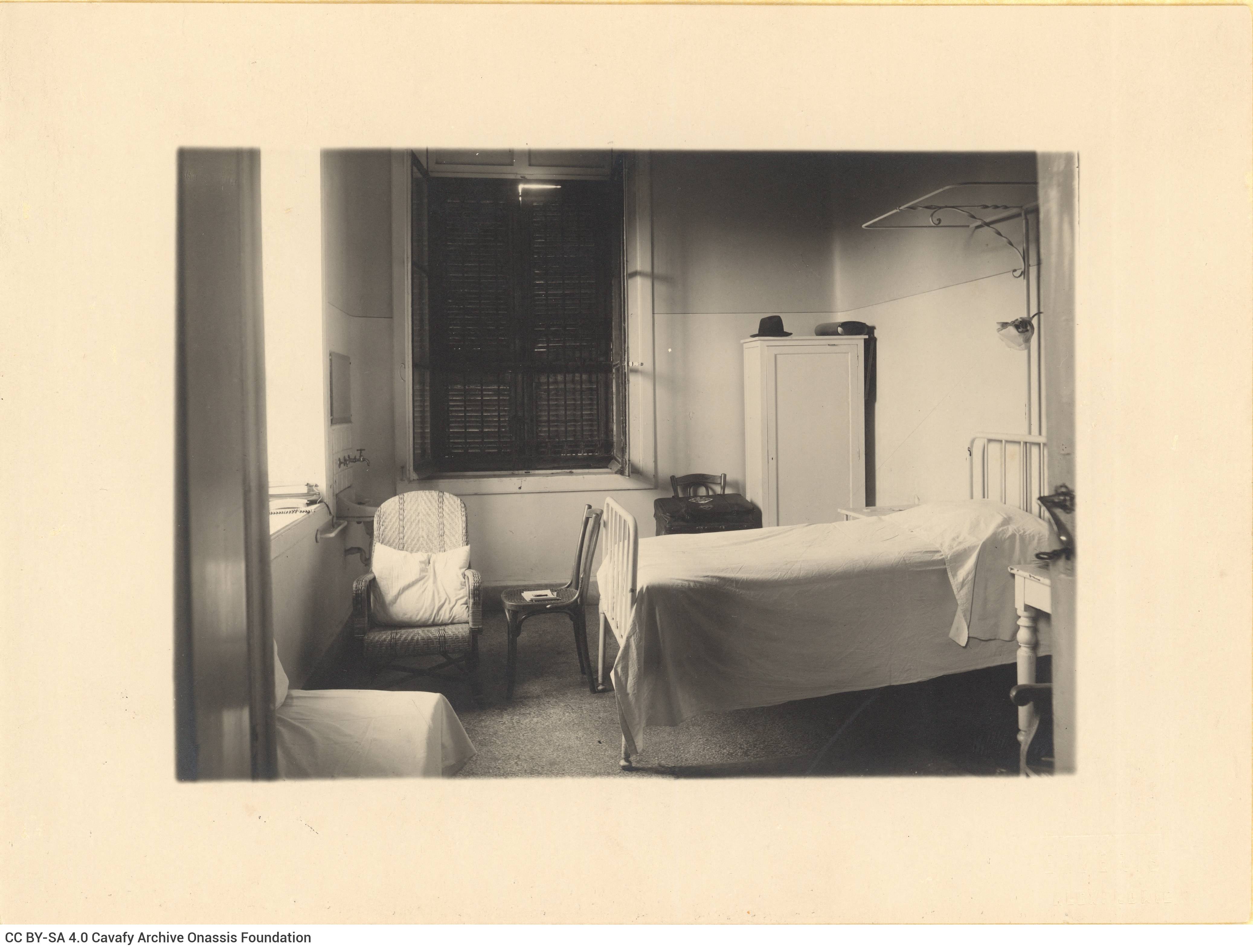 Photograph of the room in the Greek Hospital of Alexandria where Cavafy died. Some of his personal items can be seen, such as
